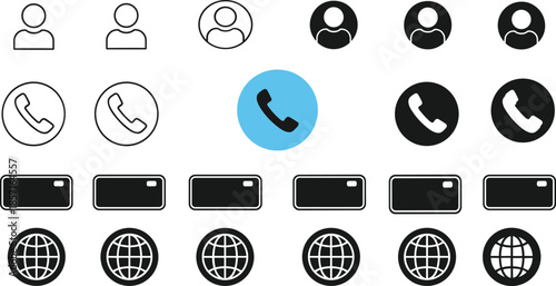 User profile icons, communication telephone symbols, credit card payment vector, globe internet access illustration, modern UI design elements, business technology interface graphics