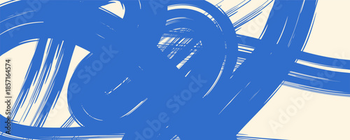 Vector blue bold curly brush stroke background. Hand drawn grunge texture with rough thick squiggle or curved brush line. Funky marker curly line background. Abstract contemporary poster.