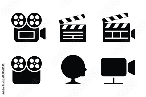 A collection of six simple black silhouette icons related to film and media production.