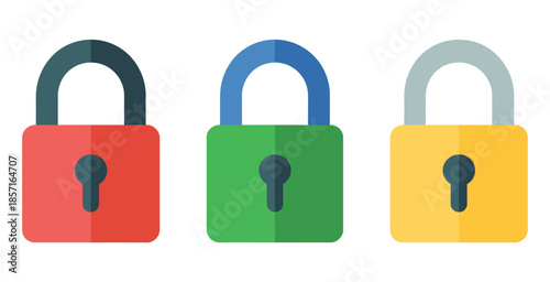 Three colorful padlocks with keyholes stand isolated on a white background, representing security options.