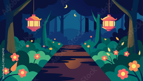 Enchanted forest pathway at night