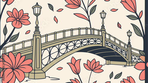 Illustrated bridge with flowers
