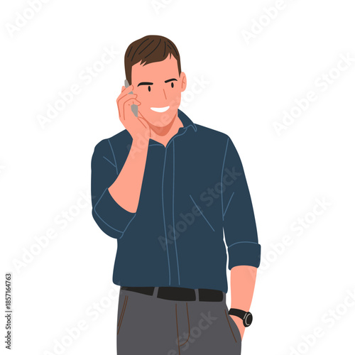 Man vector illustration talking on smartphones in poses and emotions . Concept of mobile conversation, business call, customer service, networking, modern lifestyle, technology, and social 