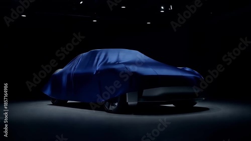 Mysterious futuristic electric car blue cloth, covered vehicle dark background, concept car automotive silhouette hidden spotlight, blue fabric cover sleek design reveal, modern luxury automotive
