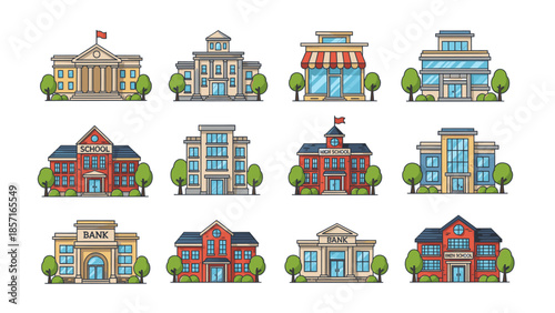 Collection of various cartoon buildings and institutions