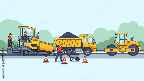 Road construction site with workers and heavy machinery