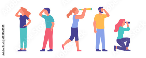 Group of people looking forward and using spyglasses or binoculars. Colorful design for exploration and future vision concepts