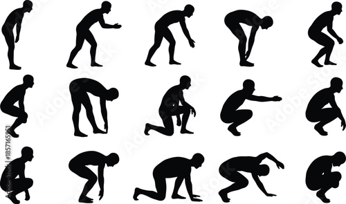 Athletic, human, silhouette, movement, poses, bending, squatting, kneeling, black, male, figures, isolated, on, white, background, action, sequence, set, collection, pack