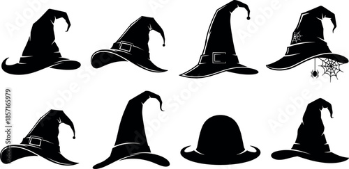 Collection of eight black witch and wizard hat silhouettes with buckle details and spider webs for Halloween spooky festive vector decorations