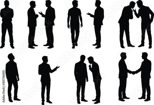 Business, men, silhouettes, conversation, discussion, handshake, communication, teamwork, standing, walking, black, figures, isolated, white, backgroucorporate, interaction, negotiation