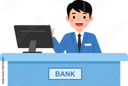 Cartoon illustration of a friendly male bank teller in a blue suit working behind a counter with a computer terminal.