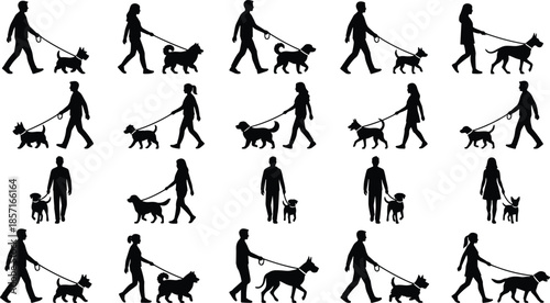 Dog walking silhouettes people with pets on leash black figures men women isolated white background daily lifestyle set