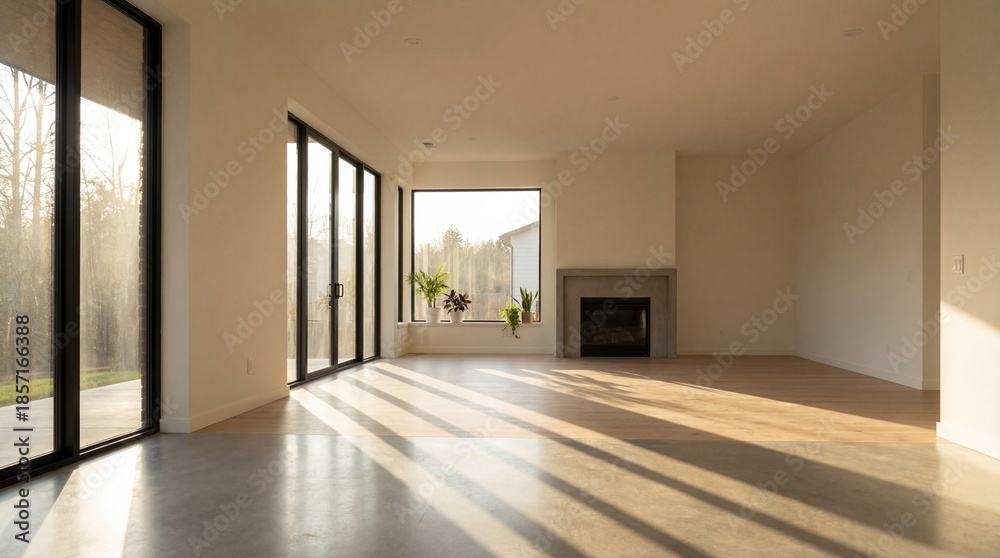 Fototapeta premium Soft morning sunlight fills an empty modern living space through large windows, creating calm shadows and a sense of new beginnings, possibility and quiet optimism.
