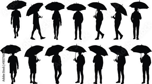 People, silhouette, collection, holding, umbrella, standing, walking, rain, weather, men, women, black, figures, isolated, white, background, outdoor, lifestyle, set, pack