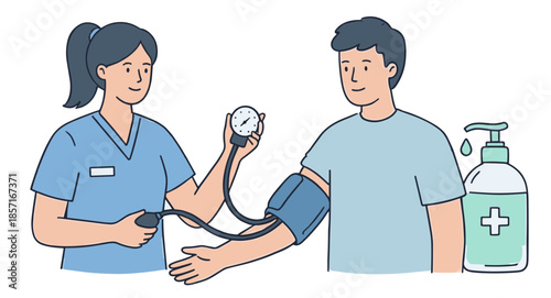 Flat Illustration of Nurse Measuring Man Blood Pressure. Vector Health Care Concept with Hand Sanitizer, Medical Checkup and Hygiene Protection in Hospital Clinic.