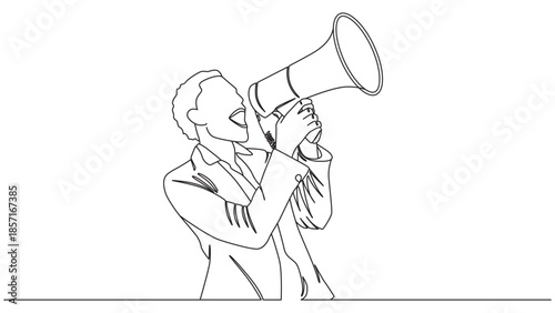 Line art illustration of a man using a megaphone to communicate loudly and passionately