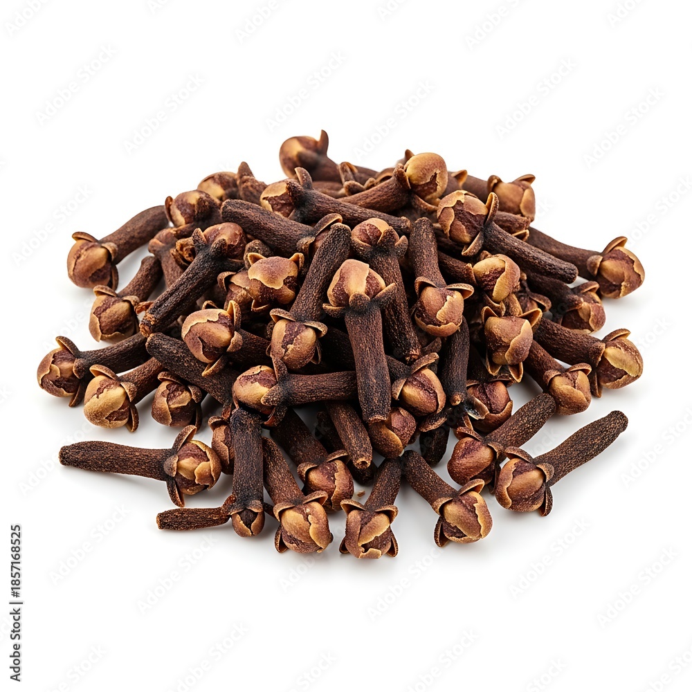 Obraz premium A heap of aromatic dried cloves is isolated on a white background, showing the macro detail of this spicy brown food ingredient used for cooking and seasoning