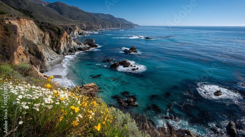 California Coastal Cliffs with Turquoise Ocean Waves, and Wildflowers Bloom.