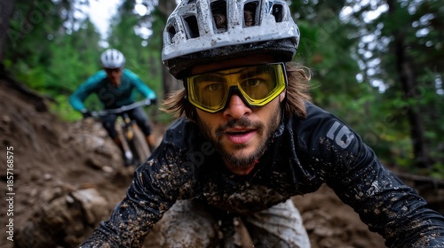Mud-splattered mountain bikers racing through a forest trail