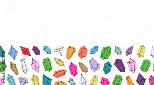 Colorful crystals banner. Magic mineral crystals. Gemstones, amethyst, ruby, sapphire, emerald, topaz and quartz. Vector illustration
