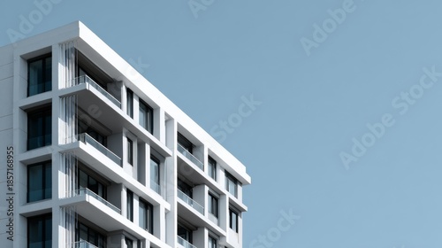 Modern White Apartment Building with Balconies against Blue Sky.