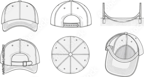 Baseball cap technical illustration, vector drawing, front view, side view, rear view, snapback closure, buckle strap, top view, interior stitching details