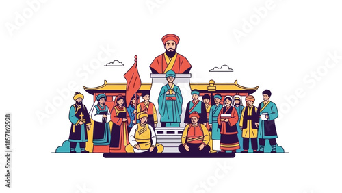 Diverse Historical Figures Gathering in Traditional Attire with Monument