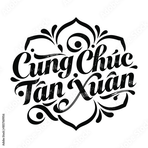 A Vietnamese Lunar New Year greeting, “Cung Chúc Tân Xuân” ("Respectful New Spring Wishes"), is beautifully rendered in calligraphy, framed by symmetrical floral art.