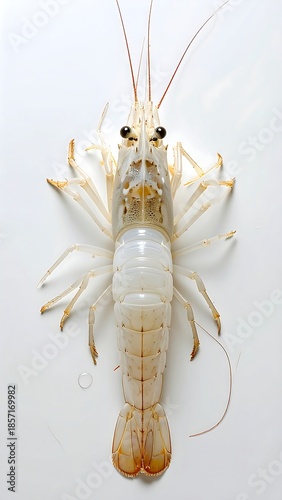 Overhead shot of a translucent crustacean on a white surface