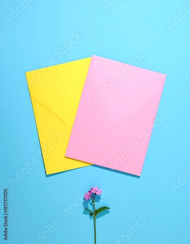 Overhead shot of a yellow envelope, pink card, and small flower