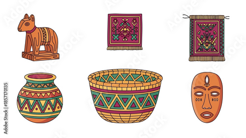 African Tribal Art Objects: Mask, Pottery, Rugs, Basket, Animal Sculpture