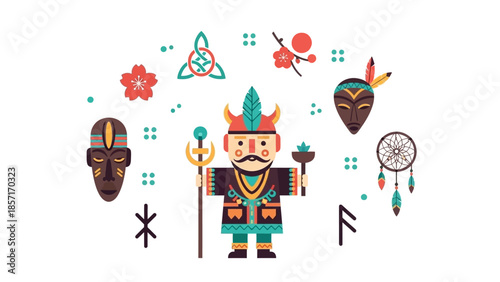Shamanic Warrior with Tribal Masks, Runes, Dreamcatcher, and Celtic Knot