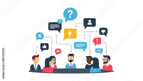 Diverse Team Collaborating in Meeting, Discussing Ideas with Speech Bubbles