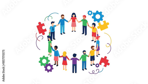 Diverse people holding hands in a circle, teamwork, community, connection, puzzle pieces, gears