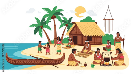 Polynesian Village Scene: People, Hut, Canoe, Palm Trees, Island Life Illustration