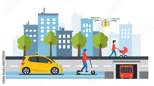 Modern city street with autonomous taxi, drone delivery, scooter, parent with stroller, bus