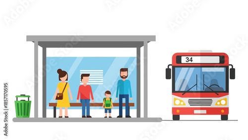 Family waiting for bus at shelter, red bus arriving, public transportation concept
