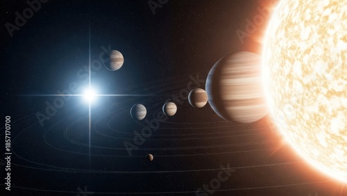 Stellar formation with planetary alignment in distant cosmos and radiant light