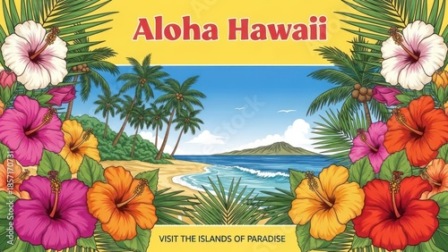 Vibrant Aloha Hawaii vector illustration featuring tropical beach and hibiscus blooms