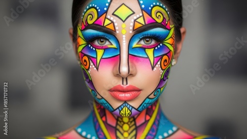 Vibrant visage, colorful kaleidoscope of facial art with striking geometry and intricate designs