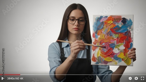 Young artist with glasses creating colorful painting on canvas in studio environment