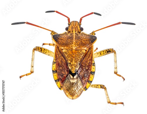 Overhead view of a brown and yellow insect with intricate patterns