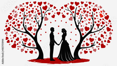 Couple under heart trees isolated on white background