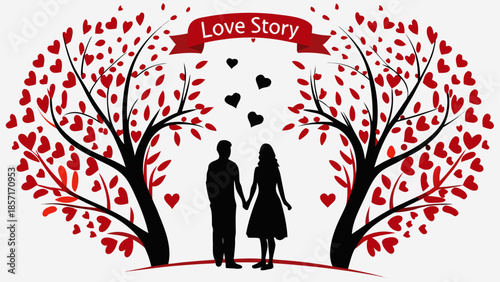 Couple holding hands under heart trees, isolated on white background