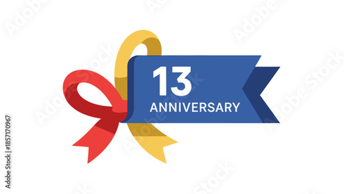 13th Anniversary Ribbon Badge with Red and Gold Bow on White Background