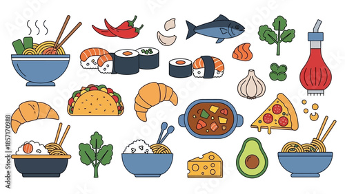 Diverse Food Icons Collection: Sushi, Ramen, Pizza, Taco, Croissant, Avocado, Fish