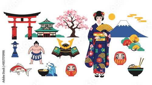 Japanese Culture Icons: Geisha, Mount Fuji, Sumo, Samurai, Cherry Blossom, Torii Gate
