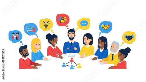 Diverse team collaborating in a meeting with thought bubbles showing ideas and teamwork