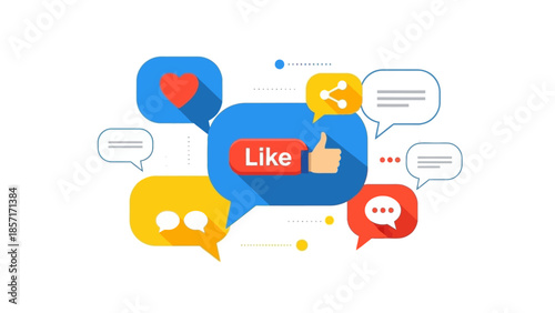 Social media likes and comments concept with chat bubbles, thumb up, heart, share icon