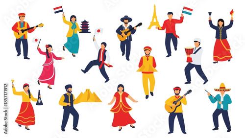 Diverse People Celebrating Culture and Traditions with Flags, Music, and Landmarks